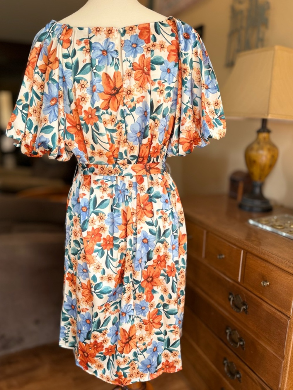 NWT Umgee Cream Floral Tie-Waist Mini Dress with Orange & Blue Blooms - Picture 3 of 9